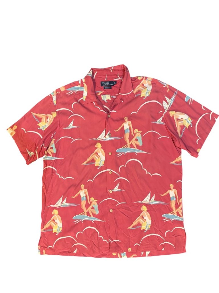 Polo Ralph Lauren Vintage Camp Shirt Rare Surfer Sailboat Print Men’s Large Euc